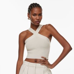 ARITZIA BABATON SCULPT KNIT CRISS CROSS CROP TANK IN MATTE PEARL